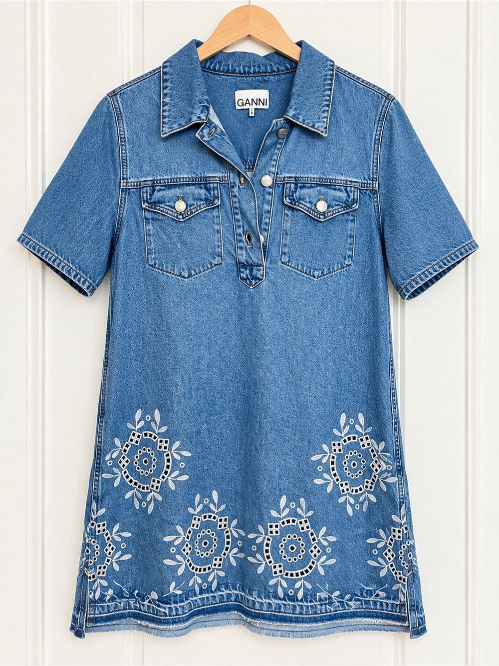 Ganni Blue Denim Short-Sleeve Polo Dress with White Floral Embroidery